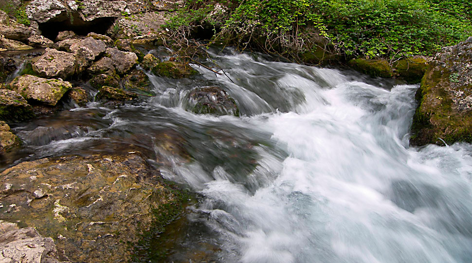 Die Wasser dr&auml;ngen mit urspr&uuml;nglicher Kraft aus dem Fels.
